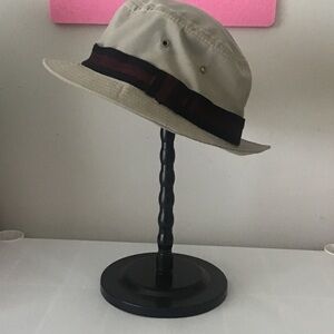 Red blue ribbon khaki fedora